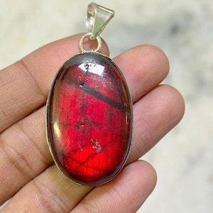 Red Flash Labradorite Pendant Brass Sterling Silver Pendant Labradorite Gemstone Pendant Handmade Silver Labradorite Jewelry for Gift