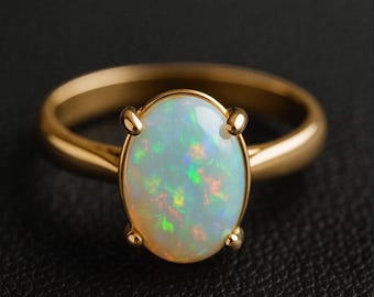 Könnte beinhalten: Goldener Ring mit einem ovalen Opal-Edelstein. Der Opal zeigt Farbenspiel mit grünen, blauen und gelben Reflexen. Der Ring hat ein glattes, poliertes Band und vier Krappen, die den Opal sichern.