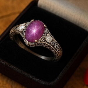 Vintage Star Ruby Ring – Engraved Sterling Silver Band, Handmade