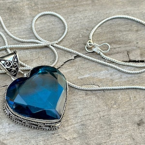 Blue Sapphire Pendant Brass  Sterling Silver Pendant Blue Sapphire Gemstone Pendant Heart Shape Pendant Handmade Sapphire Jewelry With Chain