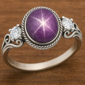 Puede incluir: Un anillo de plata con una gran piedra preciosa de zafiro estrella púrpura ovalada. El anillo está adornado con dos piedras preciosas redondas y claras más pequeñas a cada lado de la piedra principal. El anillo tiene un diseño decorativo y ondulado.