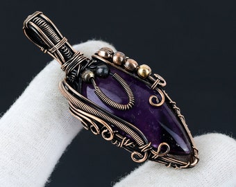 Natural Amethyst, Moonstone Pendant Copper Wire Wrapped Pendant Amethyst Moonstone Gemstone Pendant Copper Handmade Pendant Jewelry For Gift