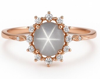 Star Sapphire Ring – Rose Gold Sunburst Halo, Celestial Engagement Ring