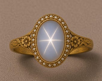 Bague vintage saphir étoilé - Halo de perles, anneau floral gravé, finition dorée