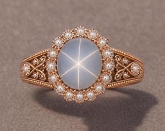 Bague vintage saphir étoilé, halo de perles en or rose, déclaration victorienne en filigrane