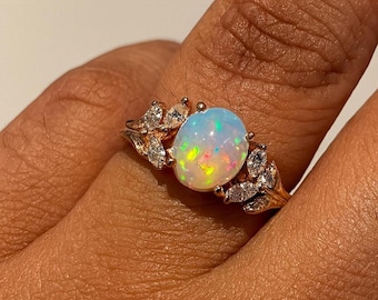 Ethiopian Opal Ring: Rose Gold Leaf Design, Zircon Accents