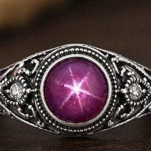 Anillo de rubí estrella natural – Joyería llamativa de plata de ley – Piedra preciosa celestial de 6 rayos