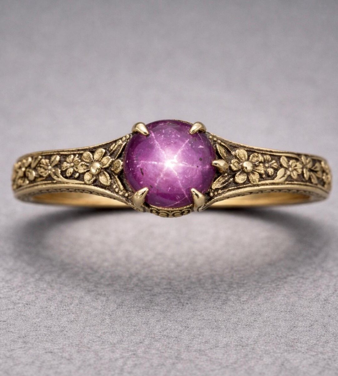 Handmade 10K Gold Star Ruby Ring – Vintage Floral Engraved Band - Etsy