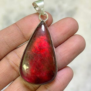 Red Flash Labradorite Pendant Brass Sterling Silver Pendant Labradorite Gemstone Pendant Handmade Silver Labradorite Jewelry for Gift