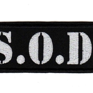 May include: Black embroidered patch with white lettering that reads "S.O.D."