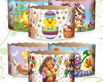 Zestaw 6 foremek do pieczenia z papieru pergaminowego na Wielkanoc - Ciasto Paska Panettone - Dzieci, Bajki - Wymiary średnica x wysokość (mm), cale 130 x 85 mm 5"x3,5"