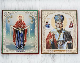 Travel folding icon - catholic orthodox - Virgin Mary and st.Nicholas