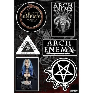 May include: A sheet of Arch Enemy stickers featuring the band's logo, album art, and a photo of a woman with blue hair. The stickers include a pentagram, a snake eating its tail, and the text "The World Is Yours."