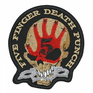 May include: Five Finger Death Punch embroidered patch with a skull, a red hand with the number 5, and a pair of crossed knives.