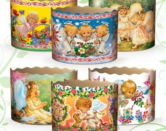 Zestaw 6 foremek do pieczenia z papieru pergaminowego na Wielkanoc - Ciasto Panettone Paska - Aniołki - Wymiary: średnica x wysokość (mm), cale. 130 x 85 mm 5"x3,5"