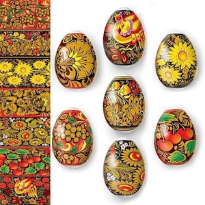 Puede incluir: Ocho huevos de Pascua pintados de forma intrincada con diseños tradicionales de arte popular ruso. Los huevos presentan patrones florales, pájaros y formas geométricas en colores vibrantes como rojo, amarillo y negro.