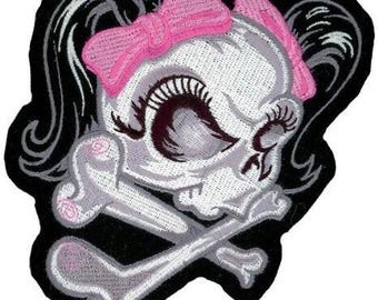 Lady Rider Patch -  Skull Bones - Pink ribbons - Biker Motorcycle - Hook & Loop style