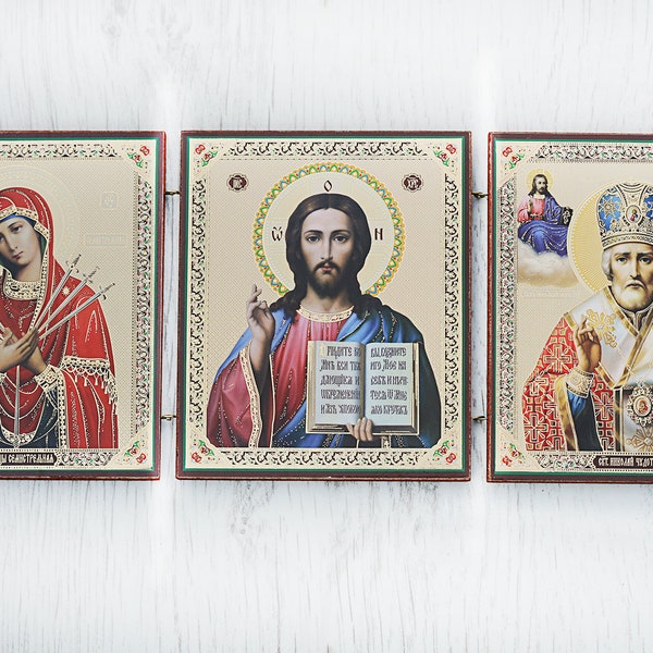 Icône pliante de voyage - catholique orthodoxe - Jésus-Christ Saint-Nicolas Vierge Marie (sept flèches)