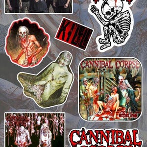 May include: A collection of stickers featuring the band Cannibal Corpse. The stickers feature various images, including a band logo, a skeleton baby, and a bloody scene. The stickers are printed on white paper with red and black ink.