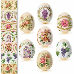 May include: Eight decorative Easter eggs with floral and grape designs. The eggs are white with various pastel colors and patterns.