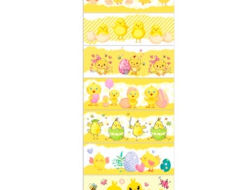 以下が含まれることがあります： かわいい漫画のひよこやイースターエッグが描かれた、黄色と白の模様の和紙テープ8本セット。クラフトやプロジェクトに春の雰囲気を加えるのに最適です。