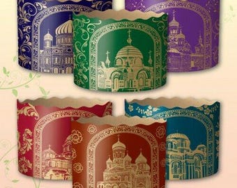 Zestaw 6 foremek do pieczenia z papieru pergaminowego na Wielkanoc – Ciasto Panettone Paska – Złote Kościoły – Wymiary: średnica x wysokość (mm) cale 130 x 85 mm 5" x 3,5"