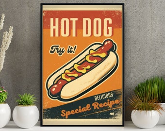 Lámina artística de perrito caliente vintage: decoración retro de comida rápida para cocina (descarga digital)