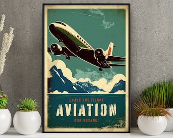 May include: Vintage travel poster with a retro airplane flying over mountains. The poster has a blue, green, and yellow color scheme and the text "Enjoy the Flight Aviation Bon Voyage!"