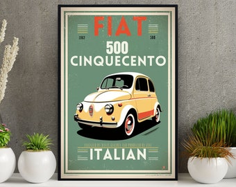 フィアット 500 ヴィンテージ広告ポスター レトロ イタリア旅行 デジタルアート 印刷可能 即時ダウンロード ホーム デコレーション バー コレクター ノスタルジック プリント