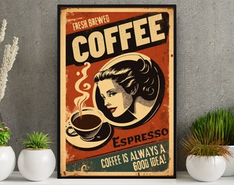 Cartel publicitario de café vintage: Arte retro de cafetería (descarga digital)