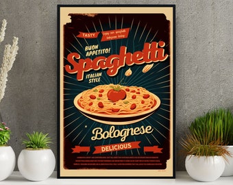 Vintage Spaghetti Ad Digital Art Poster Retro Italian Style Pasta Advertisement Print Wall Decor Kitchen Art Foodie Gift Download Home Decor