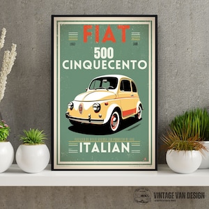 Fiat 500 Vintage pubblicità Poster retrò viaggio italiano arte digitale stampabile Download immediato Home Decor Bar stampa nostalgica da collezione