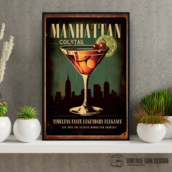 Manhattan Vintage Advertisement Poster Retro Cocktail Digital Art Printable Bar Decor Instant Download Home Decor Nostalgic Print Gift