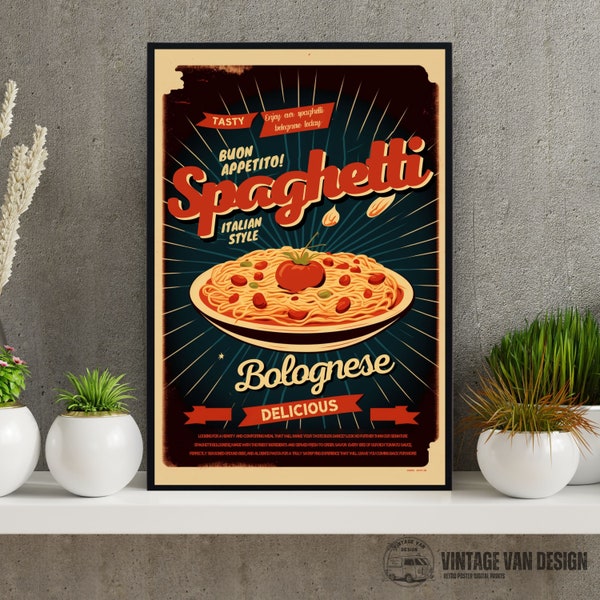Vintage Spaghetti Ad Digital Art Poster Retro Italian Style Pasta Advertisement Print Wall Decor Kitchen Art Foodie Gift Download Home Decor