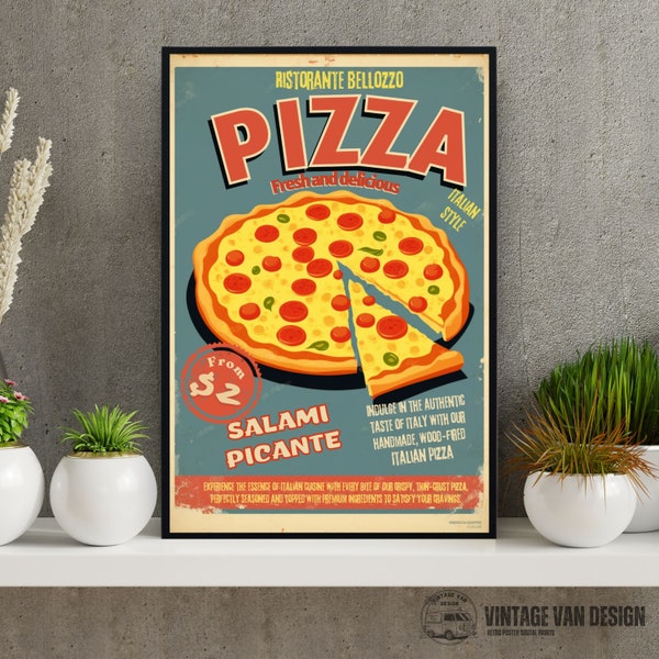 Vintage Pizza Anuncio Arte Digital Cartel Estilo Retro Comida Rápida Anuncio Impresión Pared Decoración Cocina Arte Foodie Regalo Descarga Instantánea Decoración del Hogar