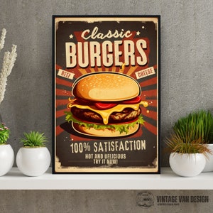 Vintage Cheeseburger Werbung Digital Art Poster Retro Style Burger Print Wand Dekor Küche Kunst Essen Geschenk Sofort Download Wohnkultur