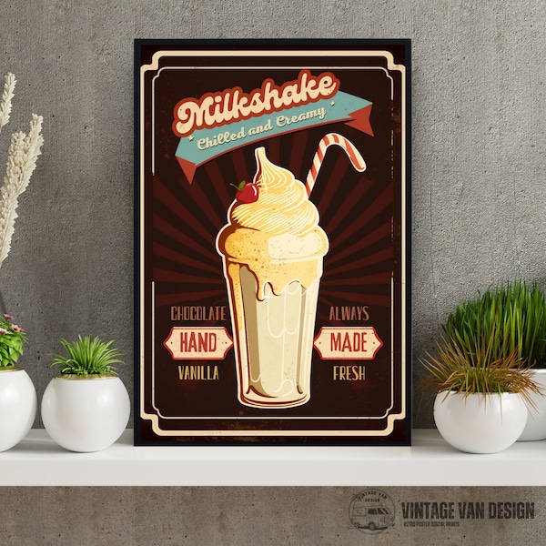 Vintage Milkshake Advertisement Digital Art Poster Retro Style Print Wall Decor Fast Food Kitchen Art Food Gift Instant Download Home Decor