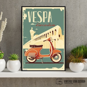 Vespa Vintage Advertisement Poster Retro Rome Italian Travel Digital Art Printable Instant Download Home Decor Bar Nostalgic Print Gift