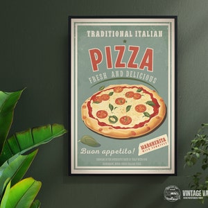 May include: A vintage-style poster advertising traditional Italian pizza. The poster features a colorful illustration of a pizza with toppings, and the text "TRADITIONAL ITALIAN PIZZA FRESH AND DELICIOUS Buon appetito! MARGHERITA WITH TOMATOES".