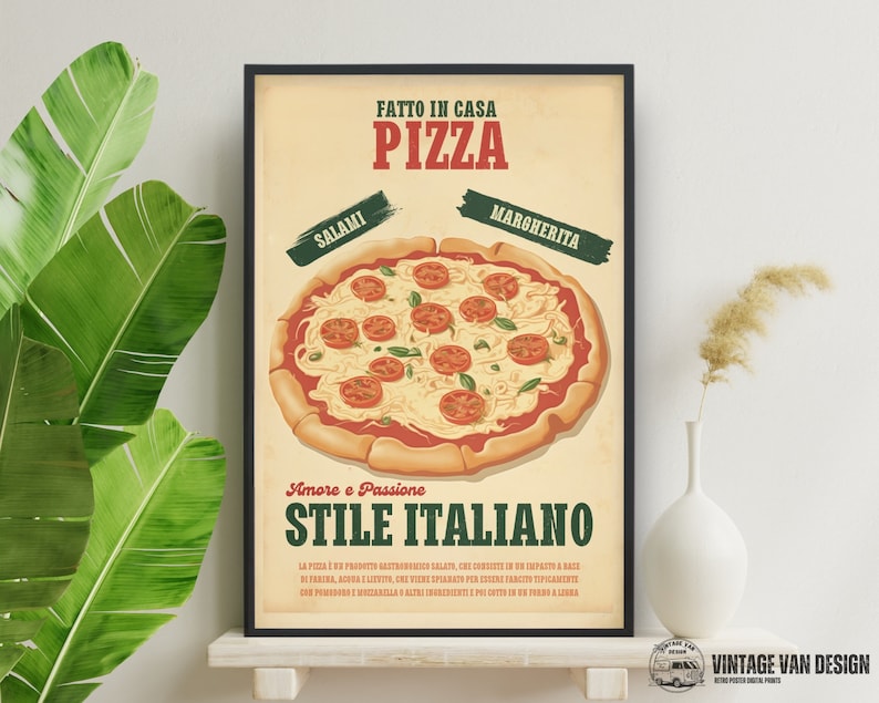 May include: A framed vintage-style pizza poster. The poster features a detailed illustration of a pizza with tomato slices and cheese. Text includes "FATTO IN CASA PIZZA", "SALAMI", "MARGHERITA", and "STILE ITALIANO". The poster has a cream-colored background.