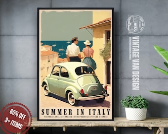 May include: A vintage travel poster featuring a couple standing in front of a light blue car with a seaside town in the background. The poster has the text "Summer in Italy" and "Visitare l'Italia scoprire i suoi paesaggi e vivere i sapori".