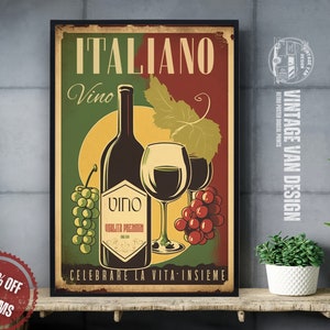 Vintage italienischer Wein Werbeplakat I Retro Glas Wein Digitale Kunst Druck Flasche Wein Küche Dekor und Wand Kunst-Digital Printable