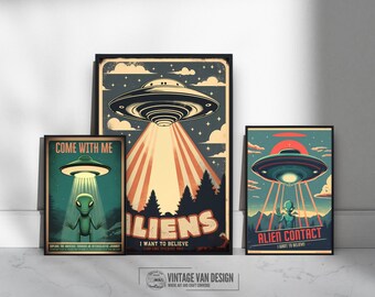 Retro UFO Prints: Sci-Fi Alien Poster Set (Digital Download)