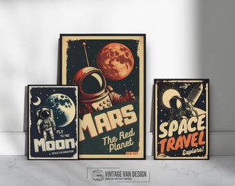 Láminas retro del espacio: Luna, Marte, OVNI - Arte mural de ciencia ficción (descarga digital)