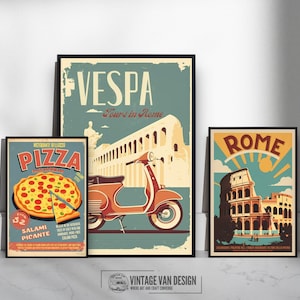 Italien Reise Poster 3er Set druckbare Wandkunst I Vintage Vespa, Kolosseum Rom, italienische Pizza digitales Poster I Retro Werbeplakat