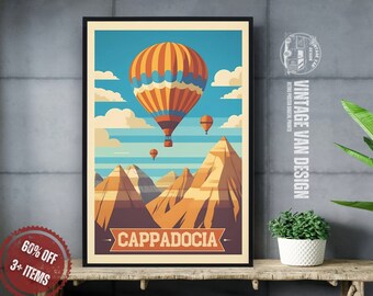 Retro Hot Air Balloon Cappadocia Travel Poster – Vintage Aviation Print (Digital Download)