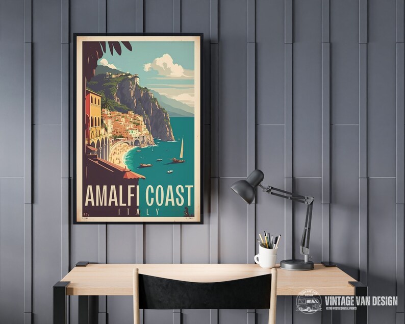 May include: A vintage travel poster with a colorful illustration of the Amalfi Coast in Italy. The poster features a view of the coastline with buildings, a beach, and boats in the water. The text on the poster reads "Amalfi Coast, Italy".