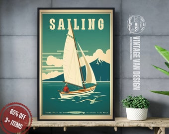 Retro zeilbootprint: vintage nautische reisposter (digitale download)