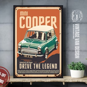 Mini Cooper Vintage Anuncio Cartel Retro Viaje Arte Digital Británico Imprimible Descarga Instantánea Decoración del Hogar Inglaterra Coche Impresión Nostálgica