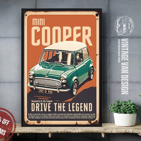 Mini Cooper Vintage Advertisement Poster Retro Travel British Digital Art Printable Instant Download Home Decor England Car Nostalgic Print